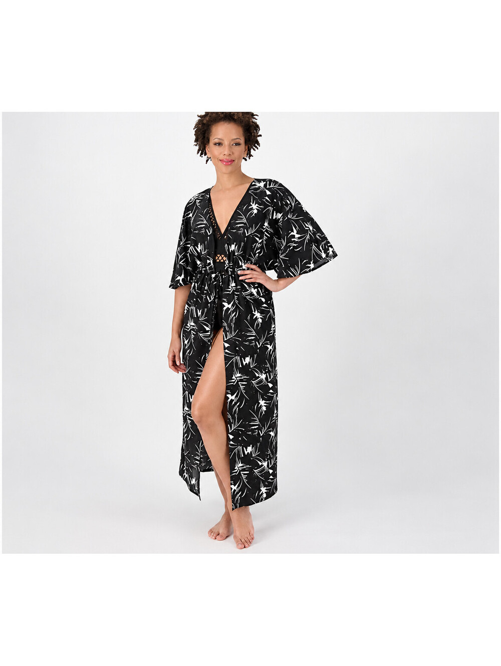 Belle Beach by Kim Gravel Tie Front Cover-Up Poolside Palm, Petite XS Black